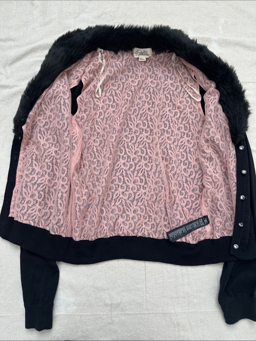 Y2K Forever 21 Faux Fur Trim Knit Cardigan Leopard Pink Lace Lining Size M - Picture 7 of 8